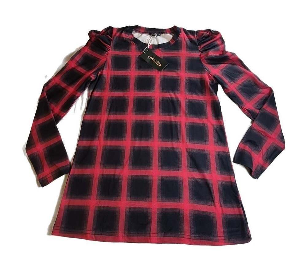 Ofeefan Women's Red and Black Buffalo Plaid Long Sleeve Casual T-Shirt